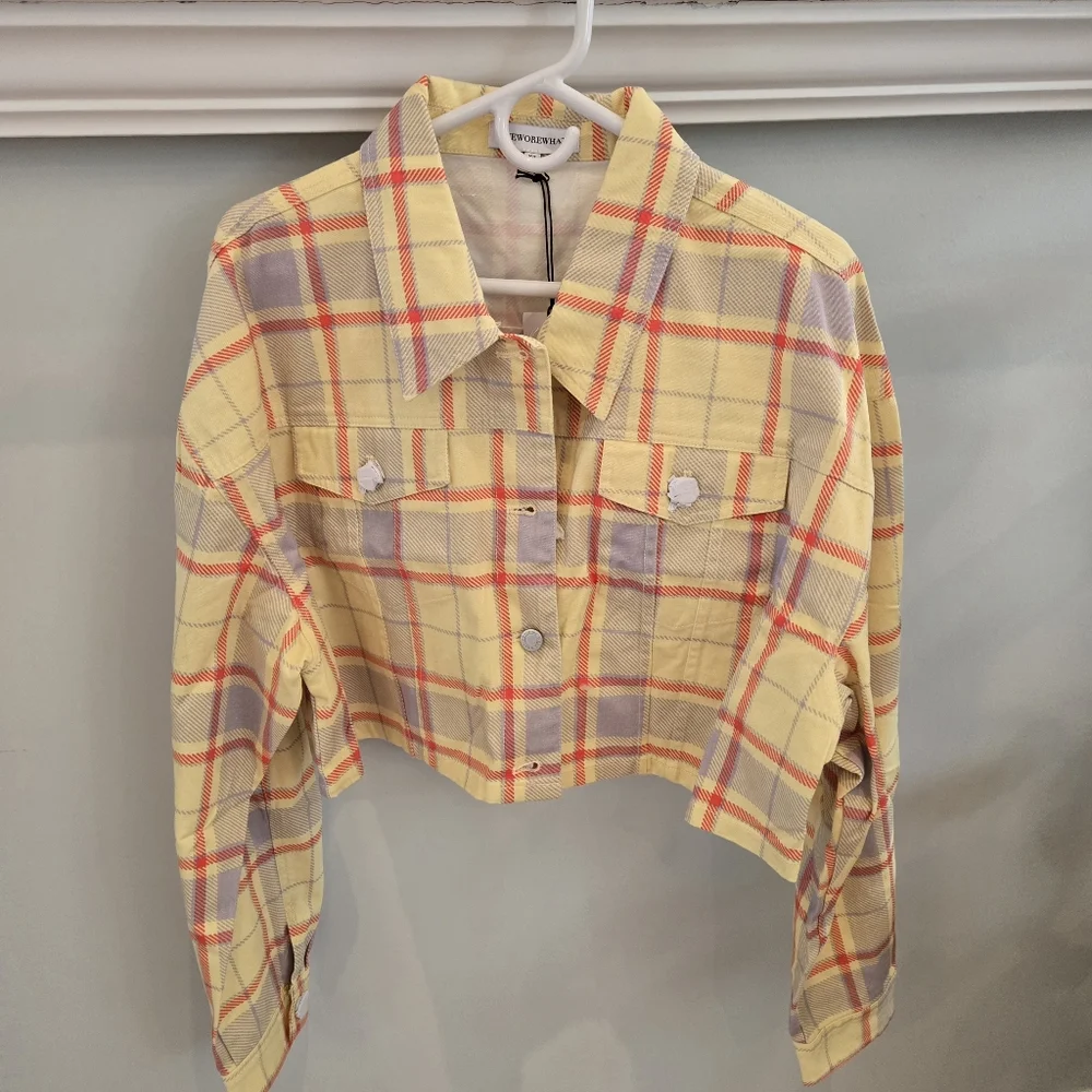 WeWoreWhat Plaid Cropped Denim Jacket in Yellow, Orange, Lilac Size M/L NWT